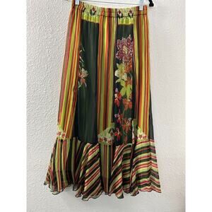 Anu By Natural Maxi Skirt Sz L Black Green Red Floral Stripe Boho Hippie Peasant